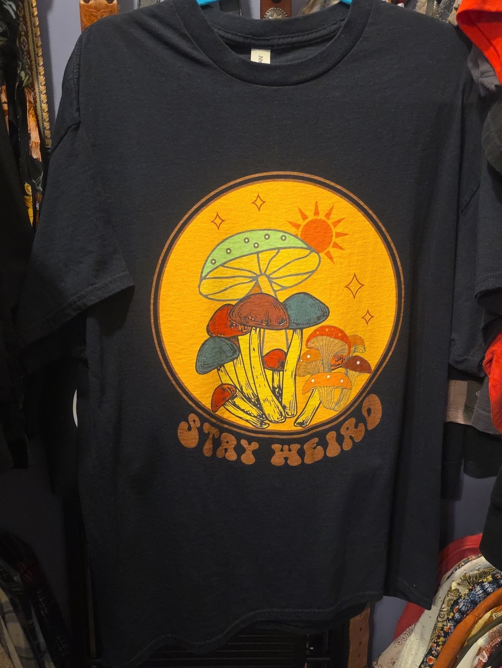 Stay Weird Mushroom Graphic Tee - Black with Yellow & Multicolor Print